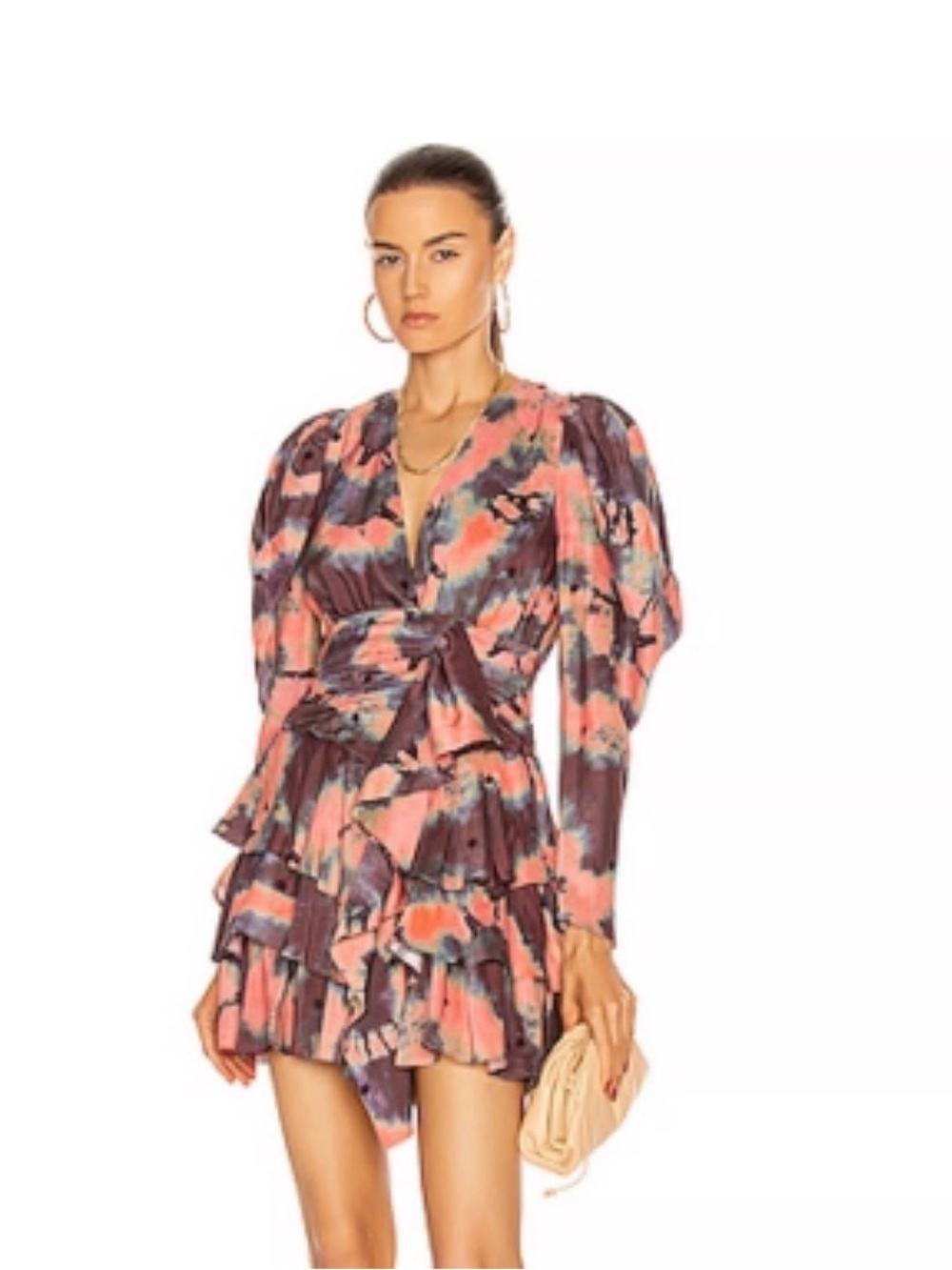 Ulla Johnson 100% Silk Coral Plum Tie-Dye Wrap Mini Dress Puff Sleeve 8